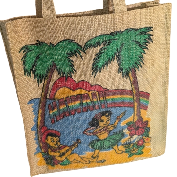 Vintage 70s Rainbow Hawaiian Tote 1970s Hawaii Tiki  Natural - Picture 1 of 11
